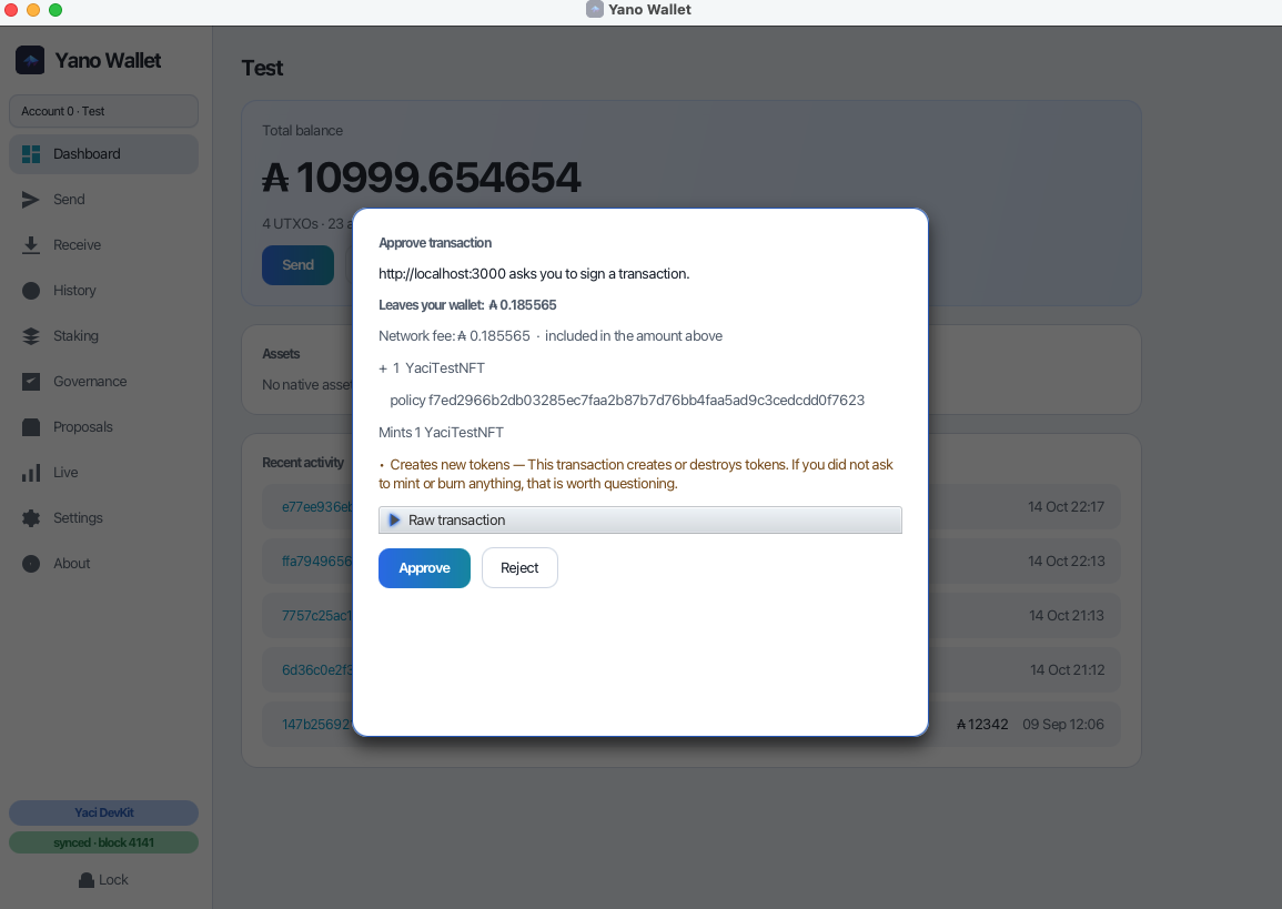 Approving a dApp transaction that mints an NFT