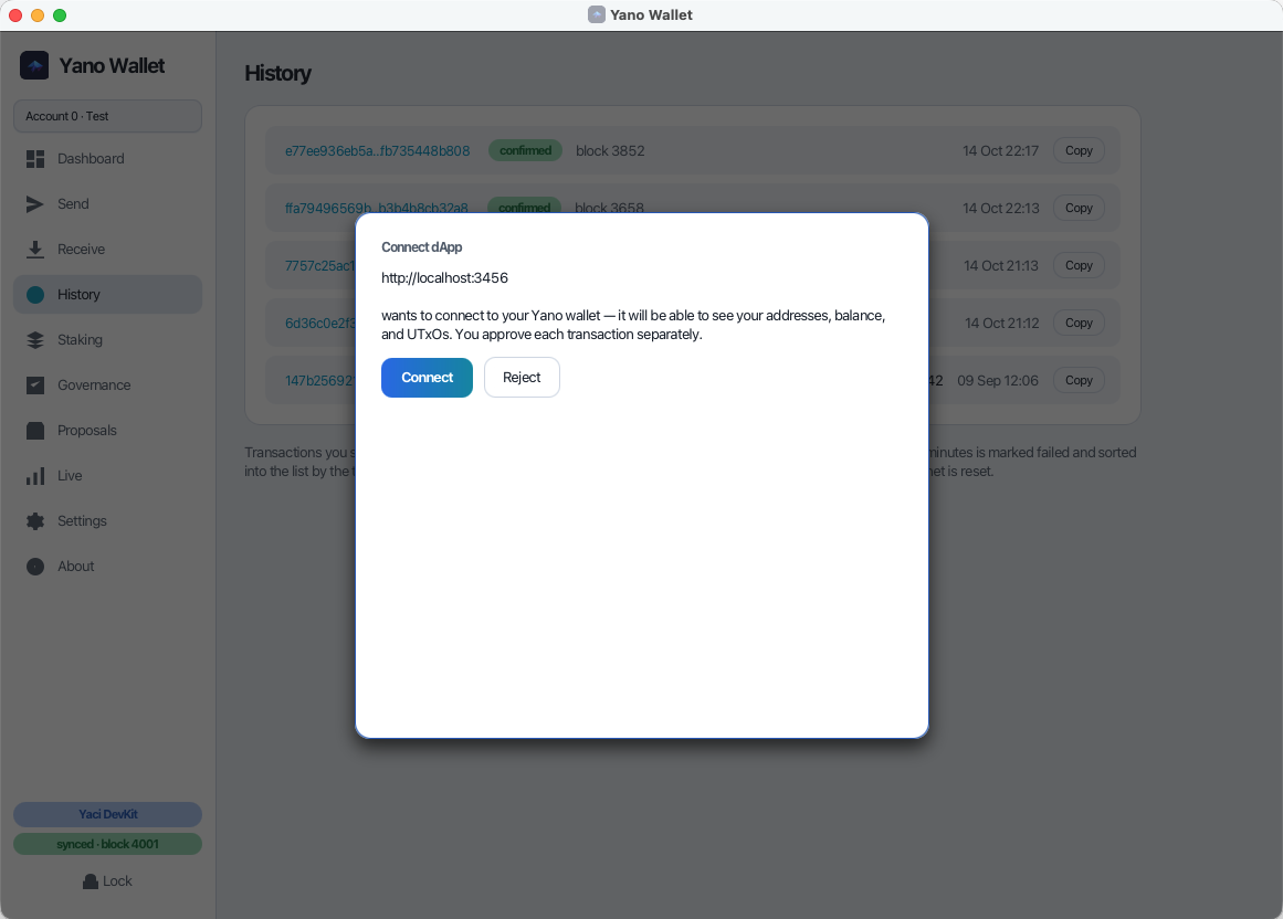 Yano Wallet asking to connect a dApp