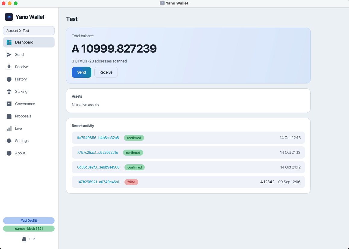 Yano Wallet connected to a Yaci DevKit devnet
