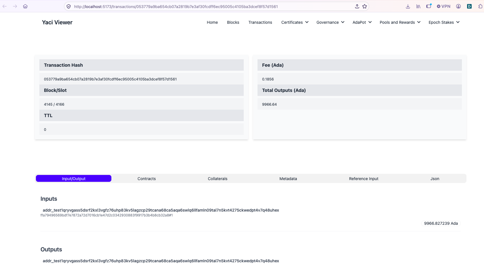 The transaction in Yaci Viewer